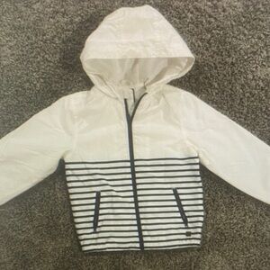 White Hooded Windbreaker with Navy Stripes